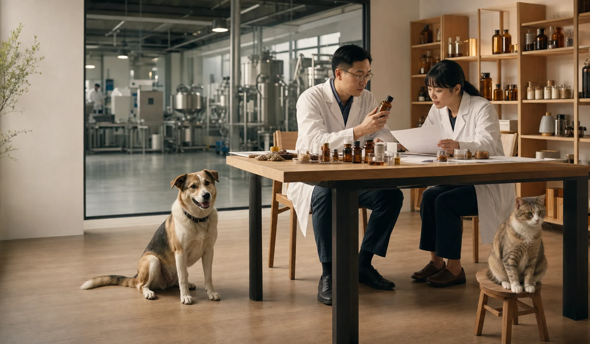 Spécialistes asiatiques développant des compléments pour chiens et chats dans un atelier de formulation
