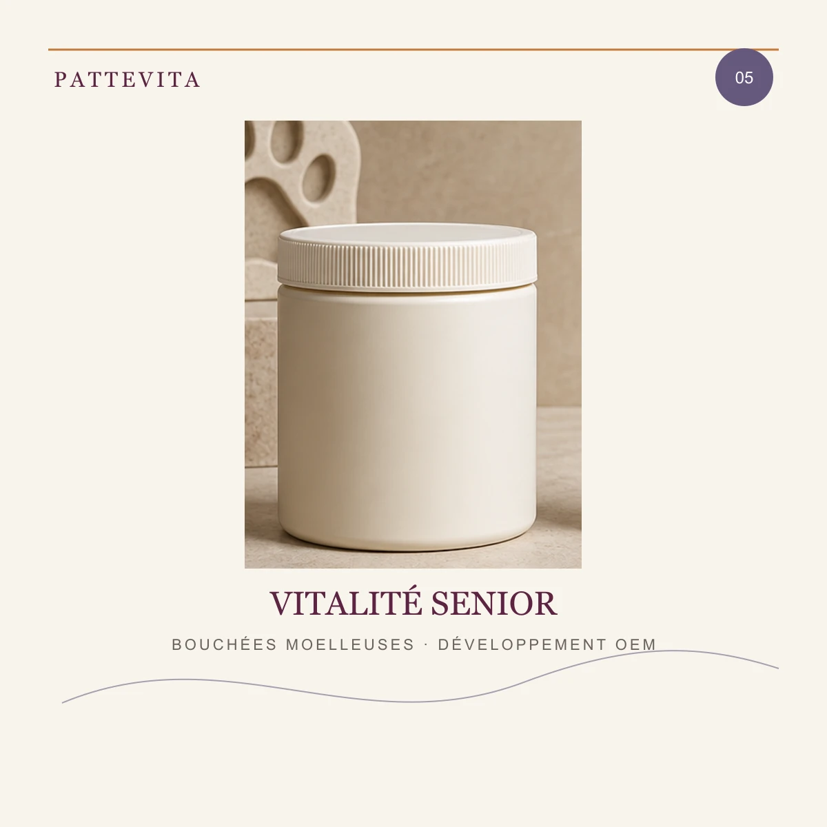Présentation éditoriale de Bouchées moelleuses — Vitalité senior pour une gamme en marque blanche